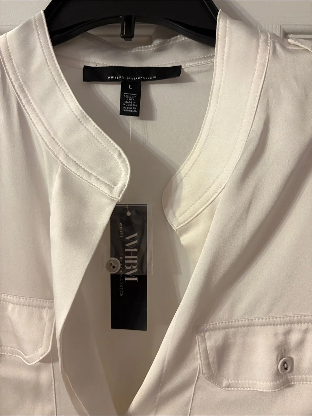 White House Black Market Cream Band-Collar Utility Blouse